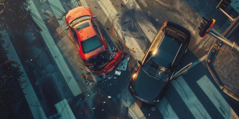 Two cars collide at an intersection with severe damage, illustrating cases handled by catastrophic injury attorneys for serious accident victims.